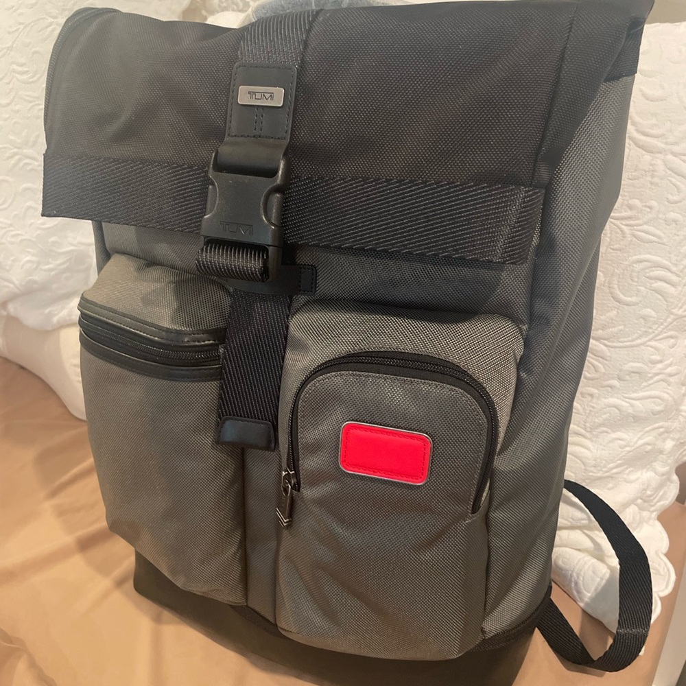 TUMI Cypress Roll Top Black and Gray Backpack with Red Accent - NWT